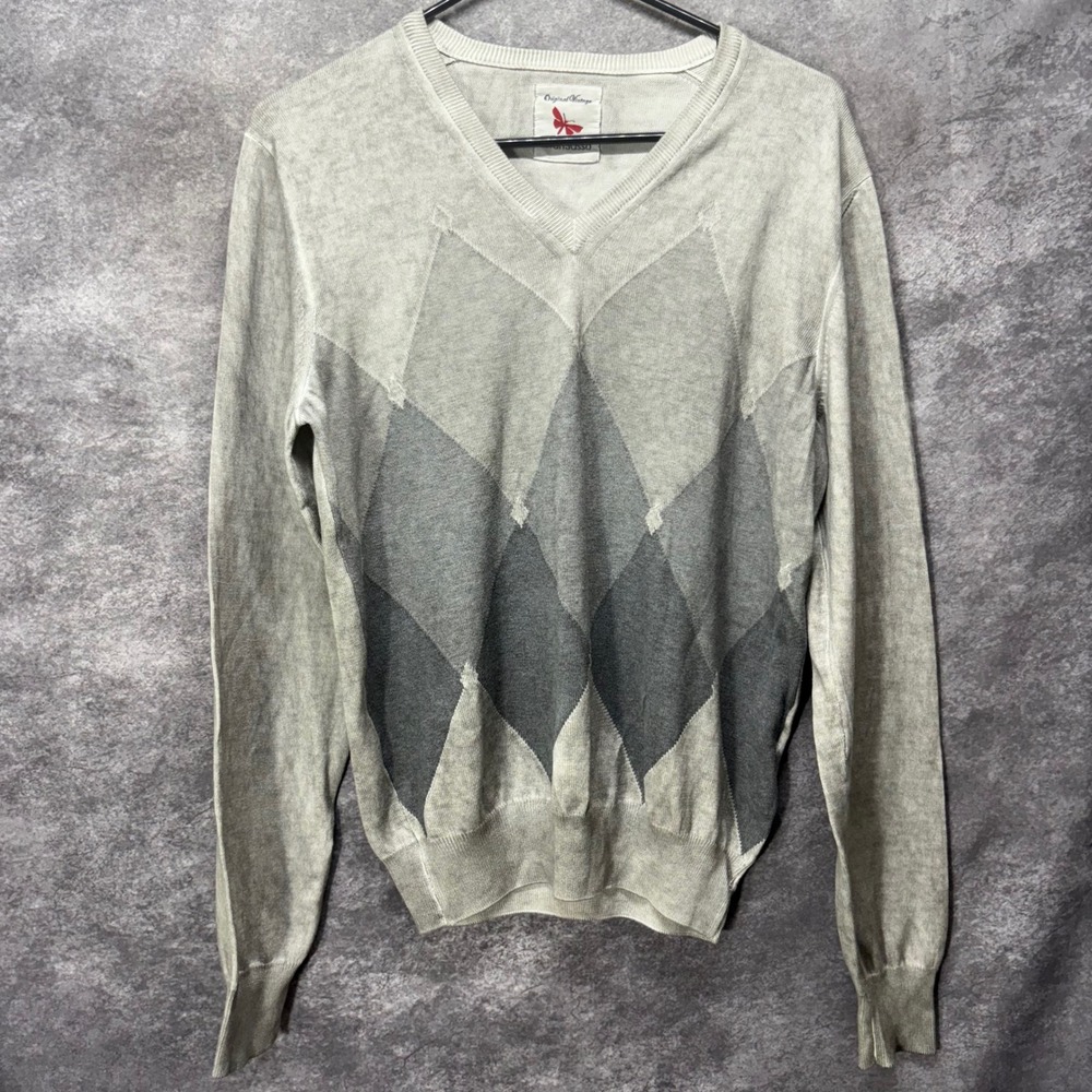 Gran Sasso Lightweight Cotton Jumper Sweater Mens 46 XS Gray Argyle Italy Preppy
